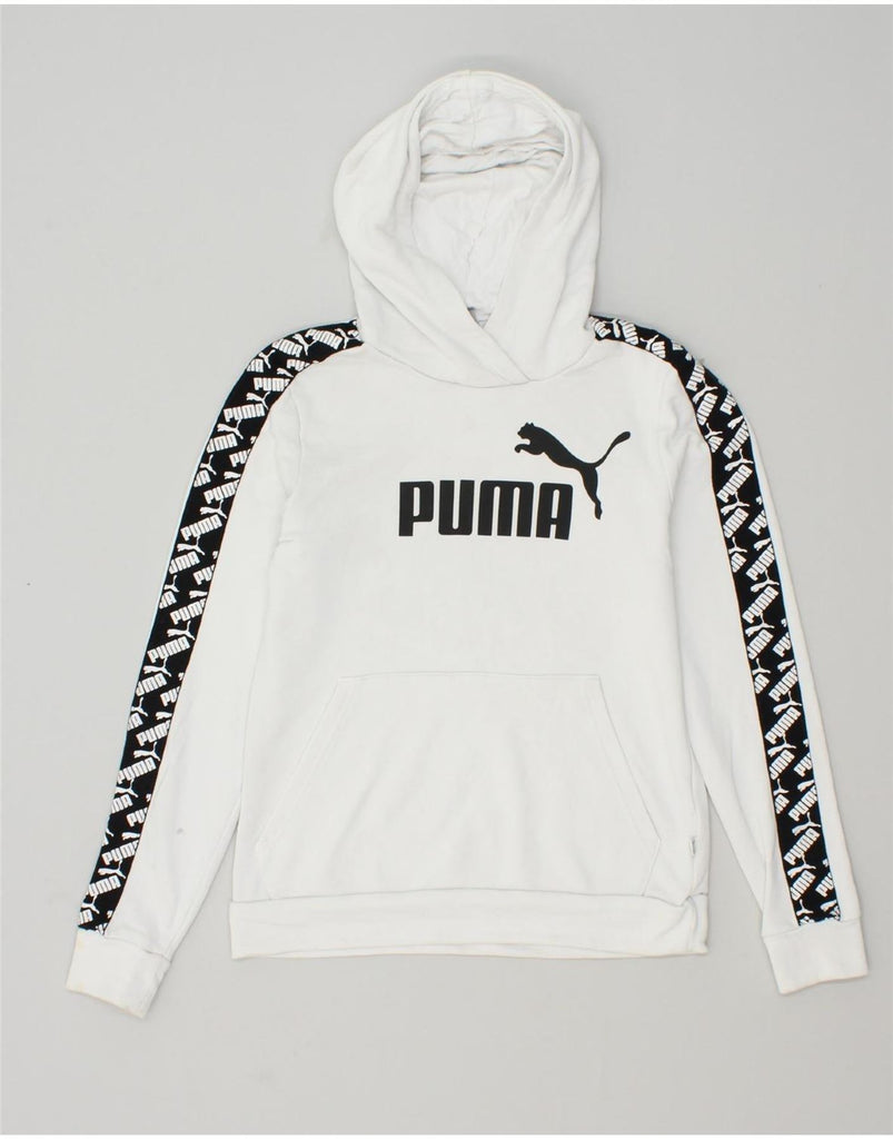 PUMA Womens Graphic Hoodie Jumper UK 10 Small White Cotton | Vintage Puma | Thrift | Second-Hand Puma | Used Clothing | Messina Hembry 