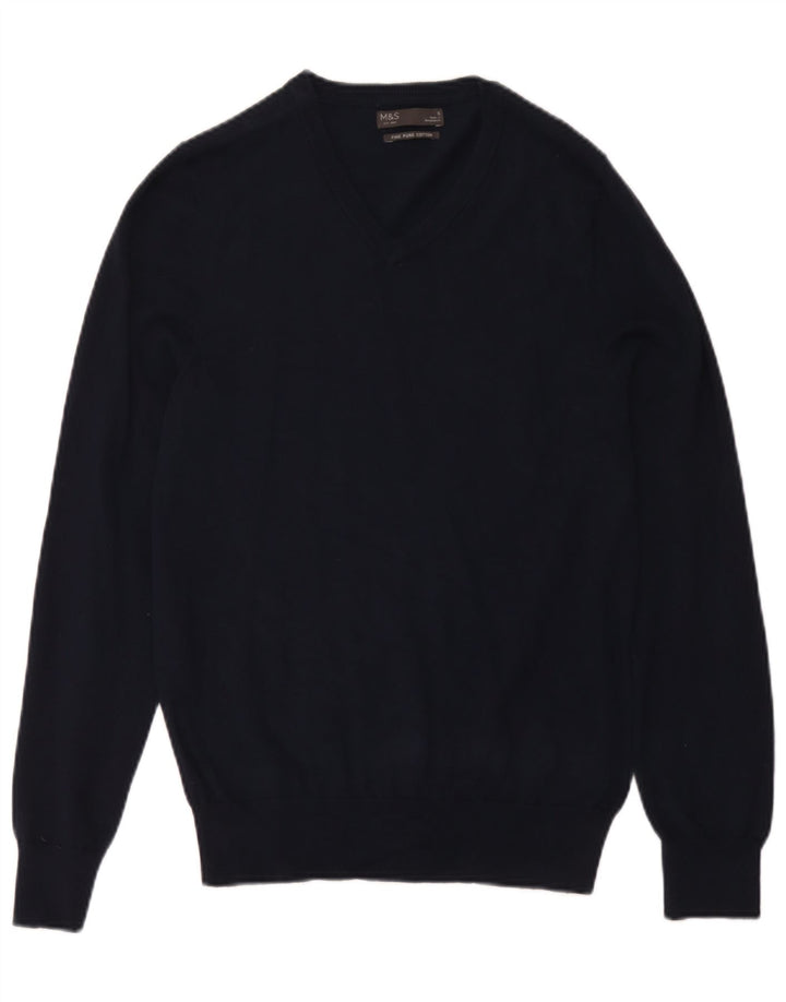 Marks & Spencer Mens V-Neck Jumper Sweater Small Navy Blue Cotton