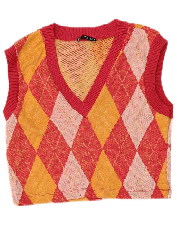 ZARA Womens Crop Vest Tank Top UK 10 Small Red Argyle/Diamond Polyester