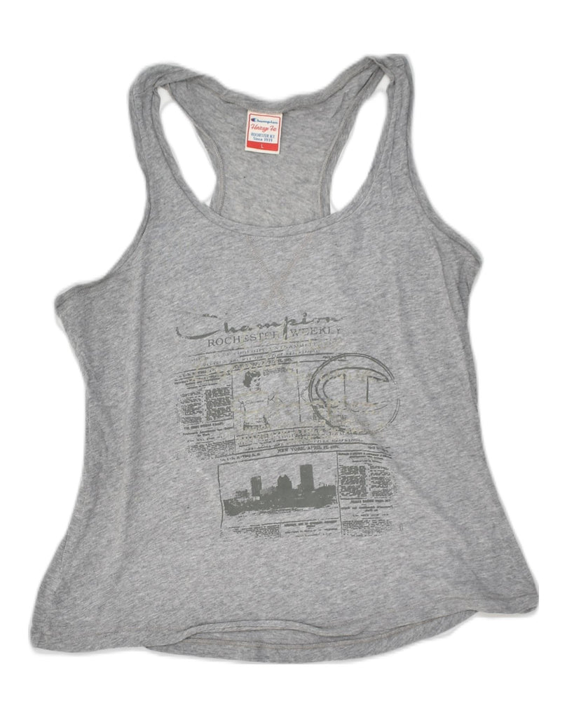 CHAMPION Womens Heritage Fit Graphic Vest Top UK 14 Large Grey Cotton | Vintage Champion | Thrift | Second-Hand Champion | Used Clothing | Messina Hembry 