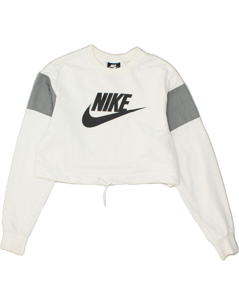 NIKE Womens Graphic Crop Sweatshirt Jumper UK 6 XS White Colourblock | Vintage Nike | Thrift | Second-Hand Nike | Used Clothing | Messina Hembry 