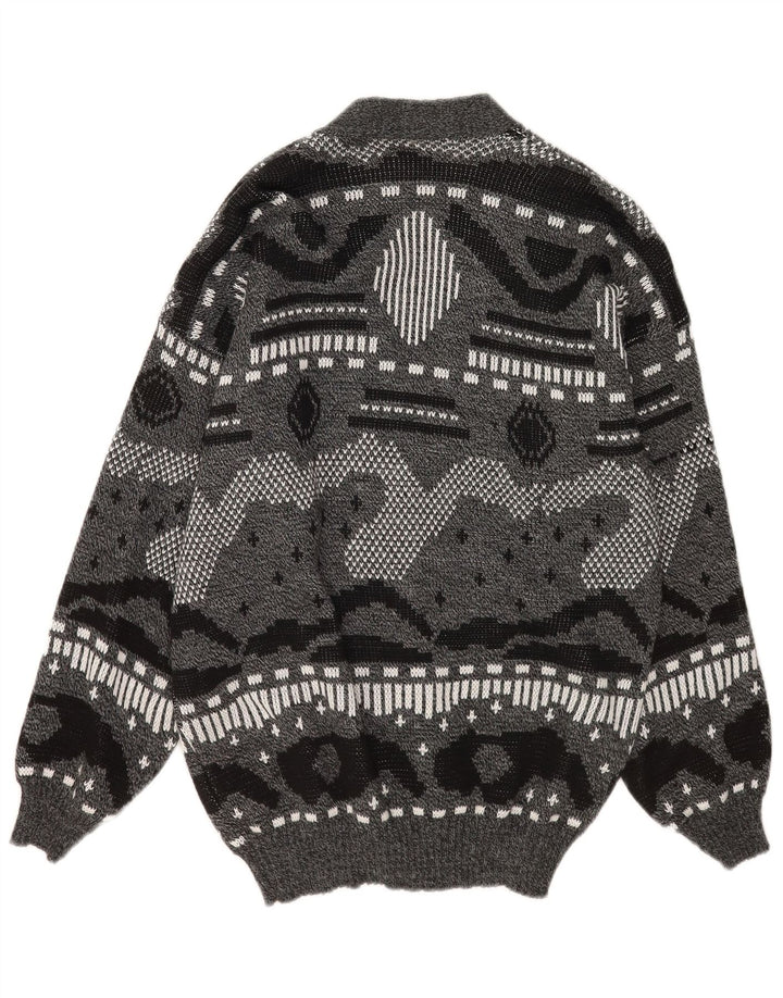 Vintage Mens Cardigan Sweater XL Grey Geometric Acrylic