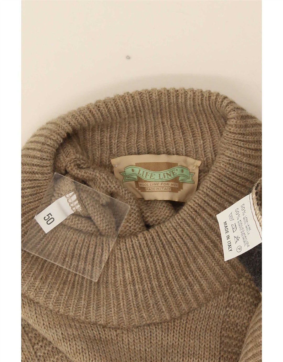 Life Line Mens Crew Neck Jumper Sweater IT 50 Medium Beige Geometric Wool