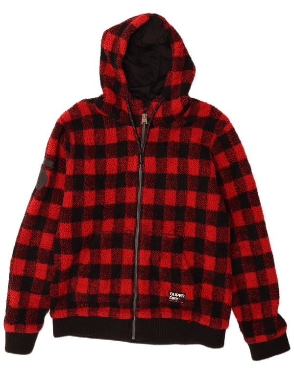 Superdry Mens Hooded Fleece Jacket UK 44 2XL Red Gingham Polyester
