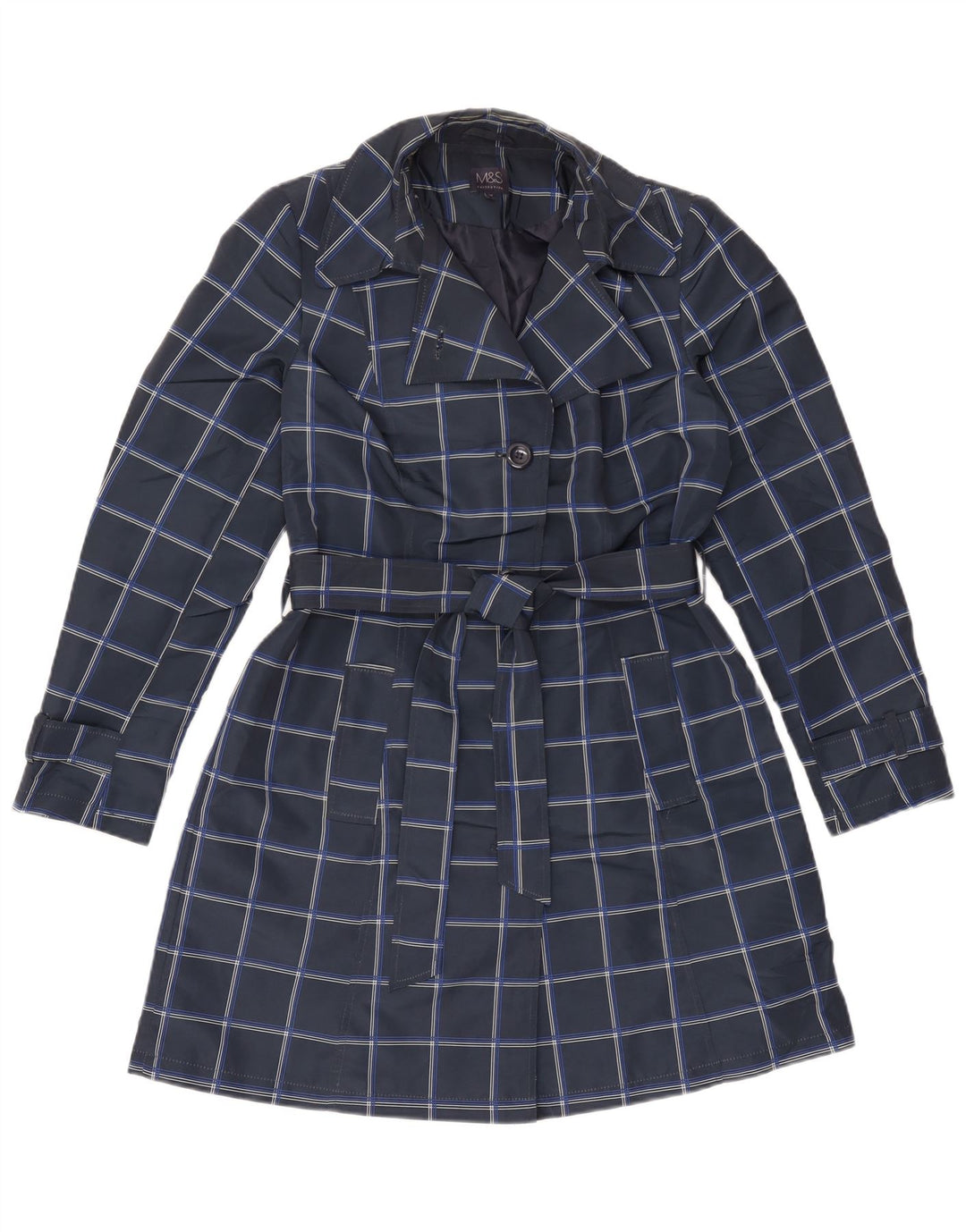 Marks & Spencer Womens Trench Coat UK 12 Medium Navy Blue Check Polyester