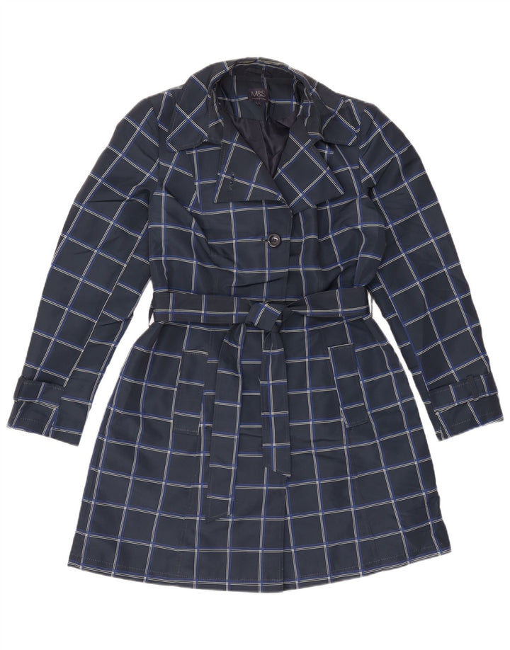 Marks & Spencer Womens Trench Coat UK 12 Medium Navy Blue Check Polyester