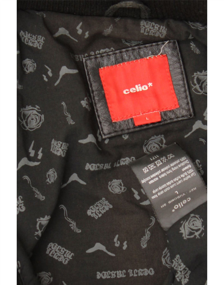 Celio Mens Bomber Leather Jacket UK 40 Large Black Leather