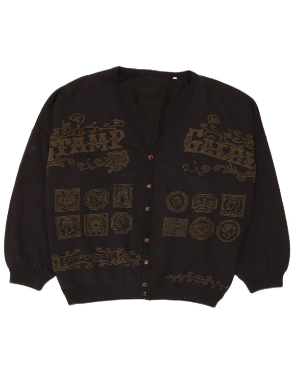 Vintage Mens Graphic Cardigan Sweater 3XL Grey Patchwork Viscose