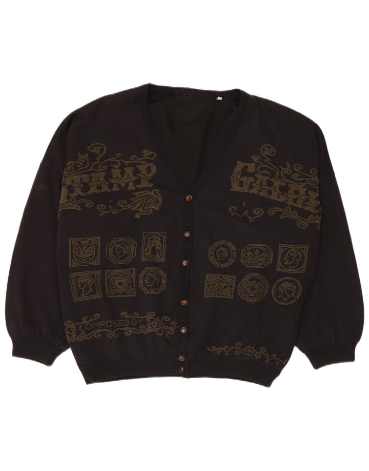 Vintage Mens Graphic Cardigan Sweater 3XL Grey Patchwork Viscose