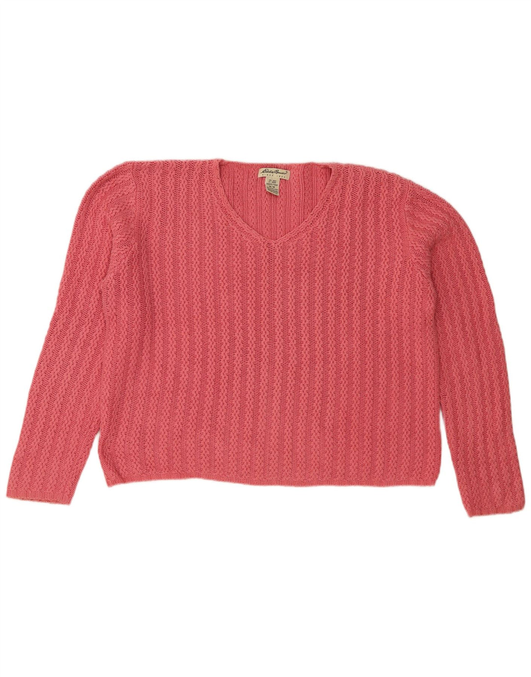 Eddie Bauer Womens Oversized V-Neck Jumper Sweater UK 14 Medium Pink Cotton