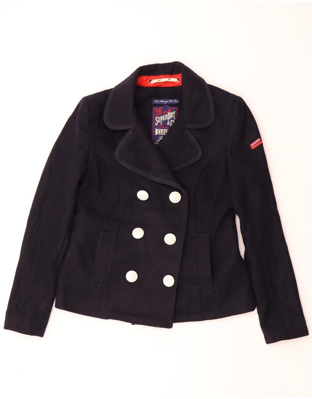 SUPERDRY Womens Pea Coat UK 14 Medium Navy Blue Wool