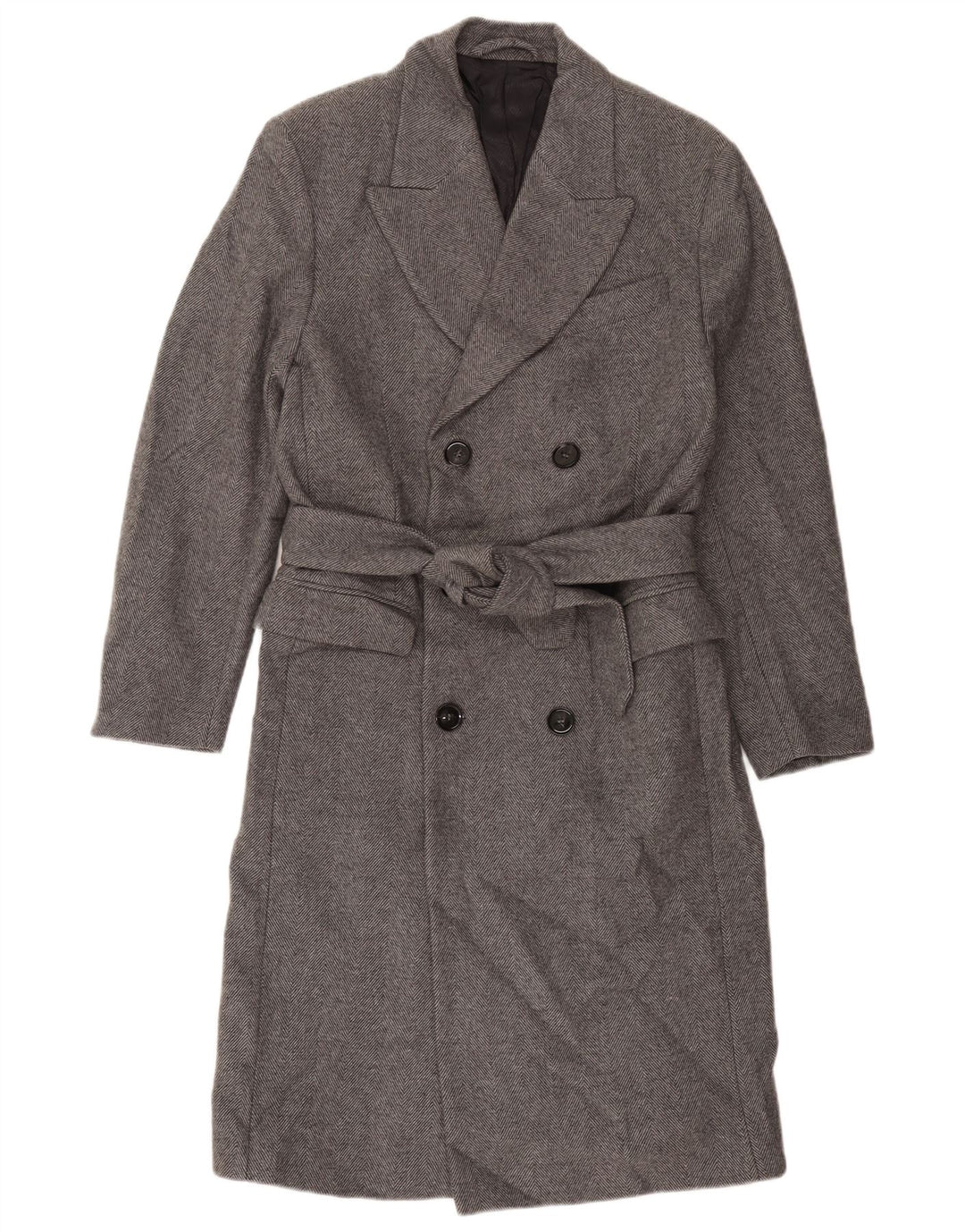 Zara Mens Double Breasted Coat UK 38 Medium Grey Herringbone Wool