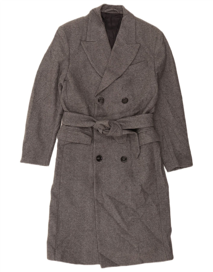 Zara Mens Double Breasted Coat UK 38 Medium Grey Herringbone Wool