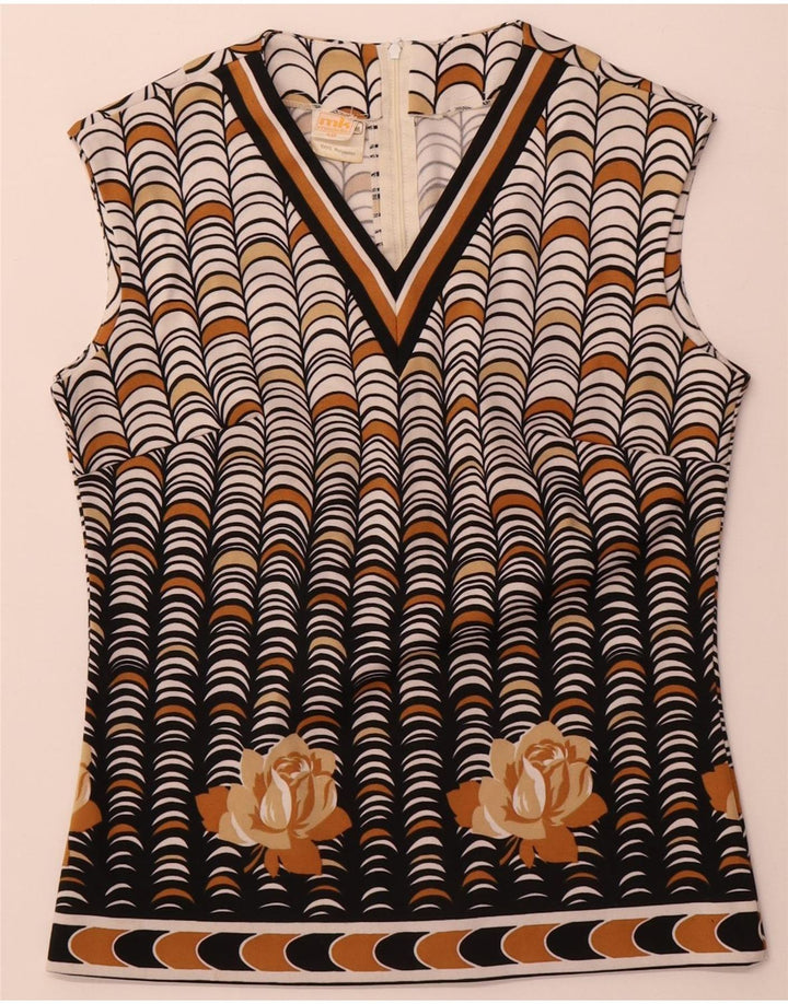 Vintage Womens Sleeveless Blouse Top IT 40 Small Beige Geometric Polyester