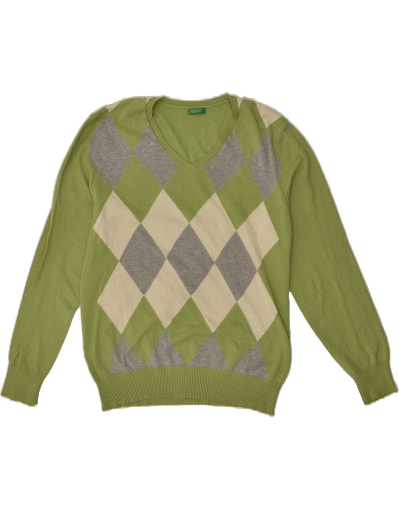 BENETTON Mens V-Neck Jumper Sweater Large Green Argyle/Diamond Cotton | Vintage Benetton | Thrift | Second-Hand Benetton | Used Clothing | Messina Hembry 