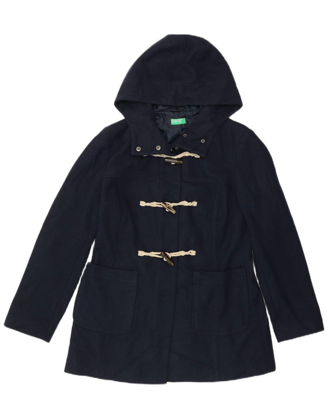 BENETTON Womens Hooded Duffle Coat UK 14 Large Navy Blue Wool