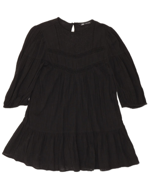 Zara Womens 3/4 Sleeve Tiered Dress UK 10 Small Black Floral Cotton