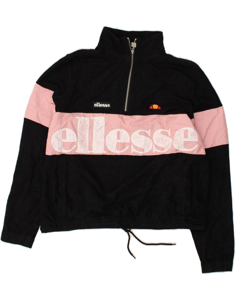 ELLESSE Womens Graphic Zip Neck Fleece Jumper UK 14 Large Black | Vintage Ellesse | Thrift | Second-Hand Ellesse | Used Clothing | Messina Hembry 