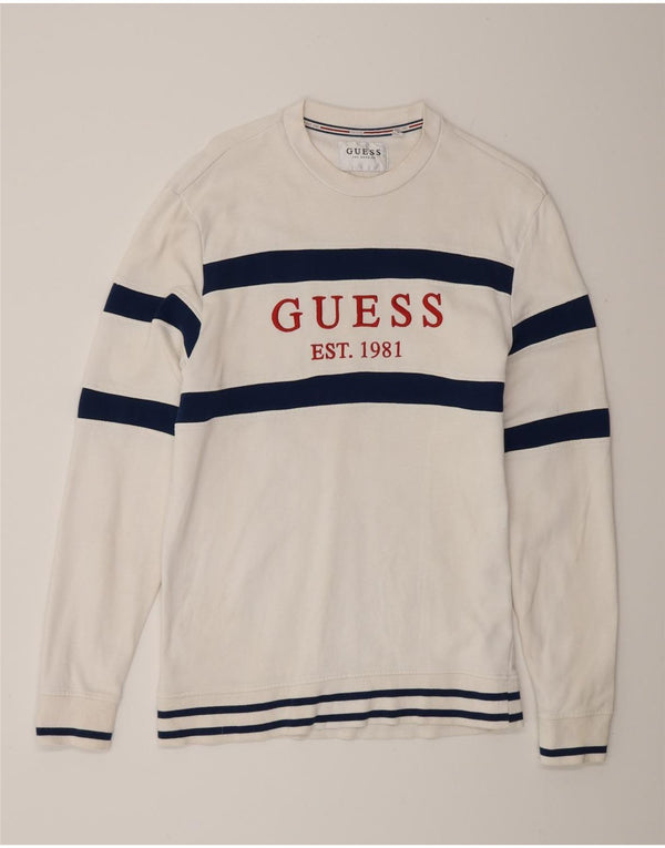 Guess Mens Graphic Top Long Sleeve Medium White Colourblock Cotton