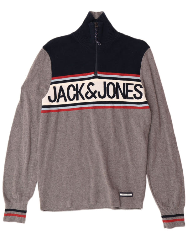 JACK & JONES Mens Graphic Zip Neck Jumper Sweater Small Grey Colourblock