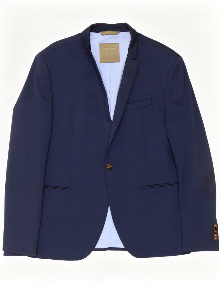 Zara Mens 1 Button Blazer Jacket EU 56 XL Navy Blue Polyester