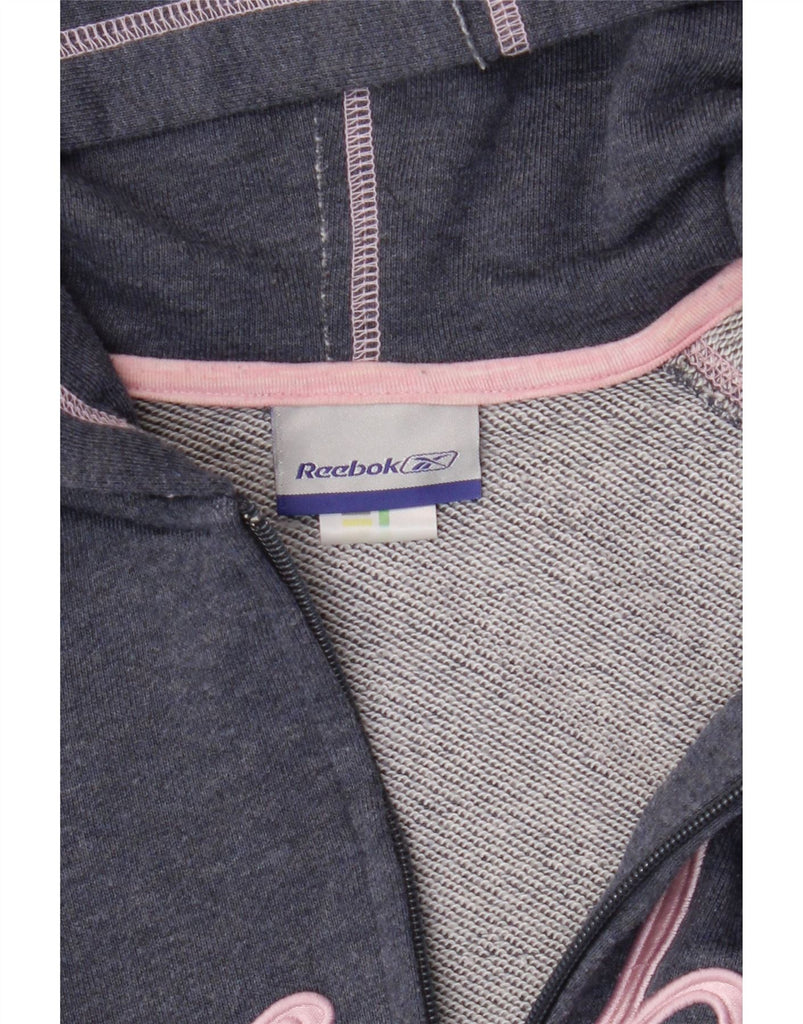 REEBOK Womens Graphic Zip Hoodie Sweater UK 10 Small Blue Polyester Vintage Reebok and Second-Hand Reebok from Messina Hembry 
