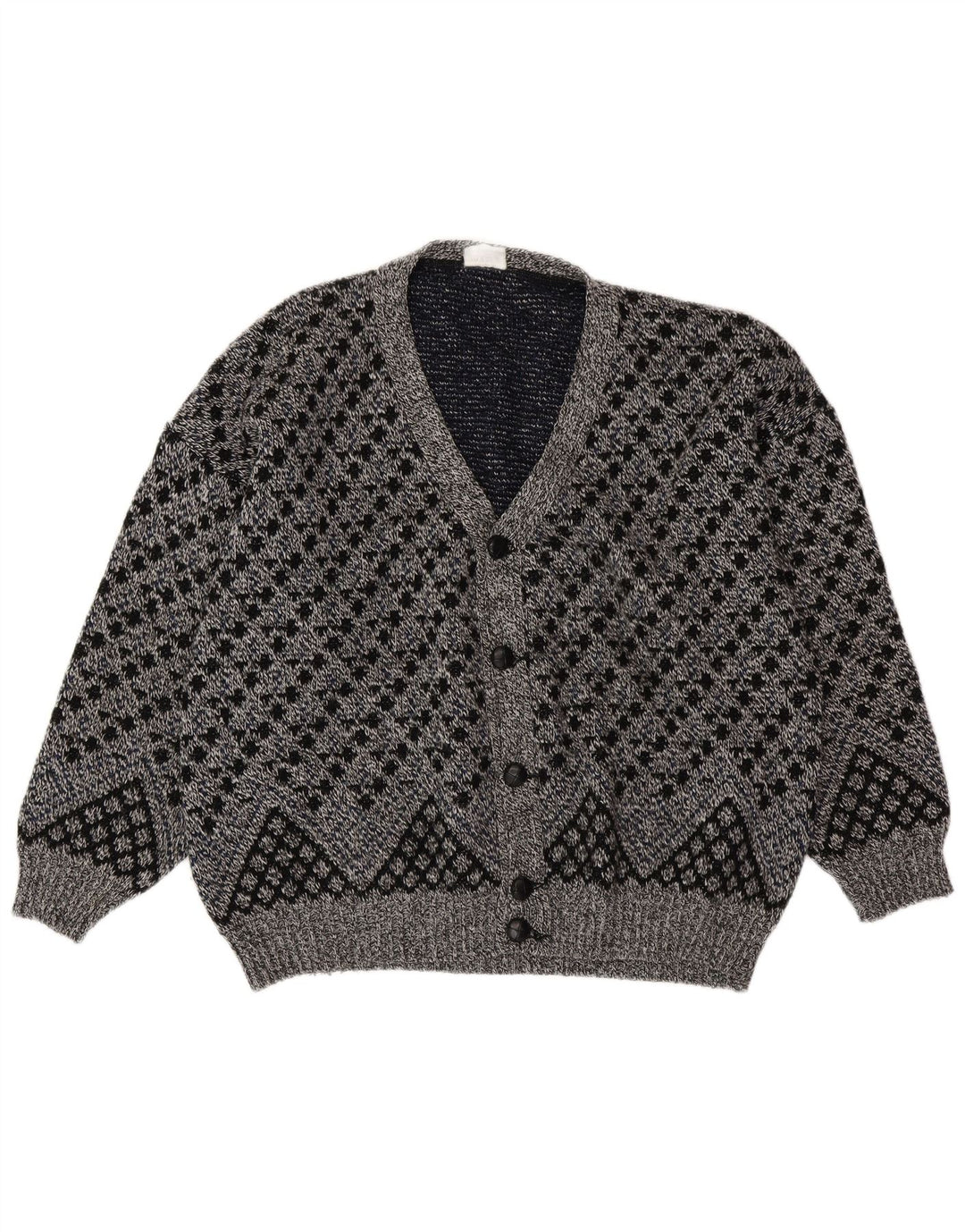 VINTAGE Mens Cardigan Sweater XL Grey Geometric Wool