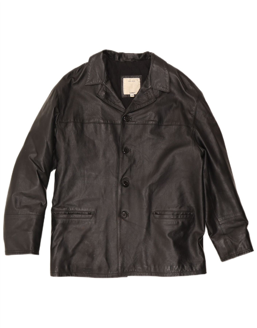 Conbipel Mens 4 Button Leather Blazer Jacket IT 48 Medium Black Leather