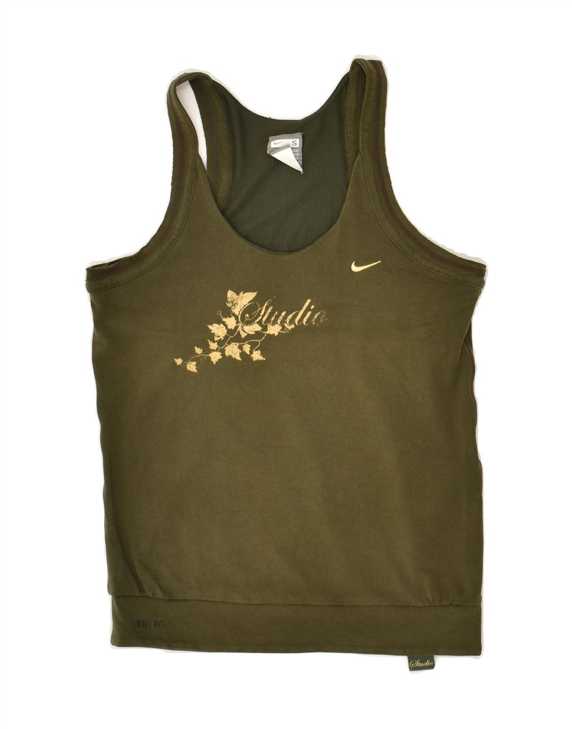 NIKE Womens Graphic Vest Top UK 8/10 Small Khaki Cotton | Vintage Nike | Thrift | Second-Hand Nike | Used Clothing | Messina Hembry 