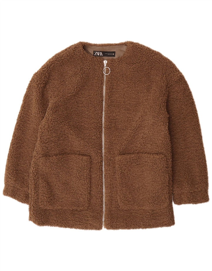 Zara Womens Teddy Bear Oversized Fleece Jacket UK 6 XS Brown Polyester