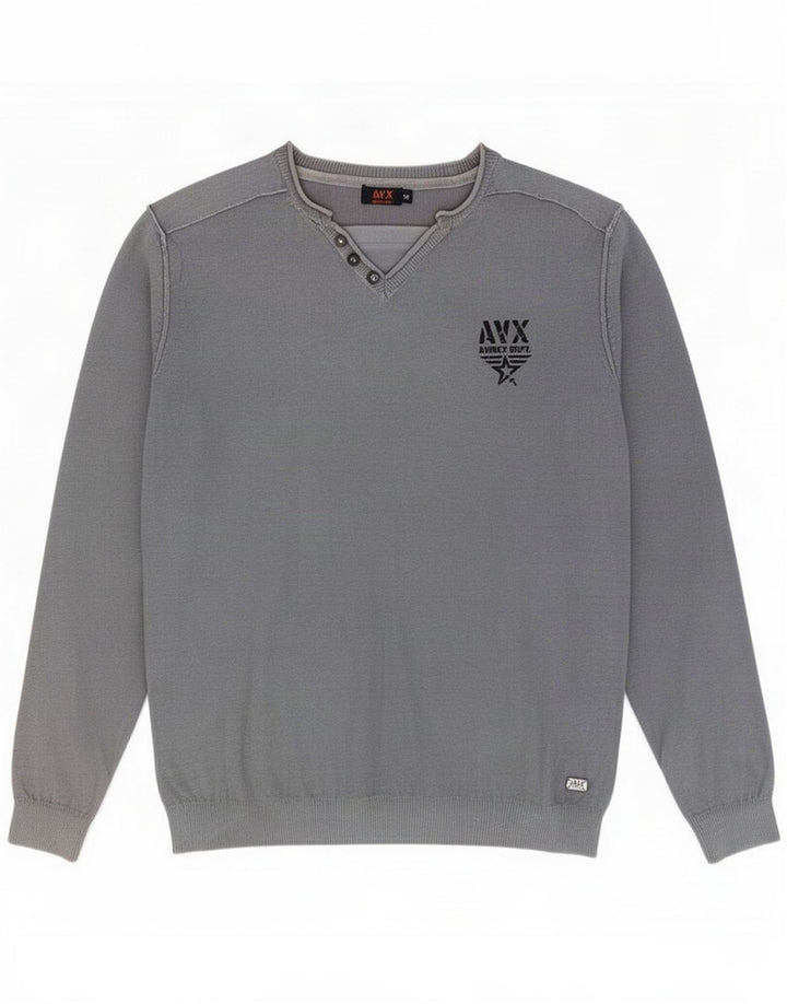 Avirex Mens V-Neck Jumper Sweater Medium Grey