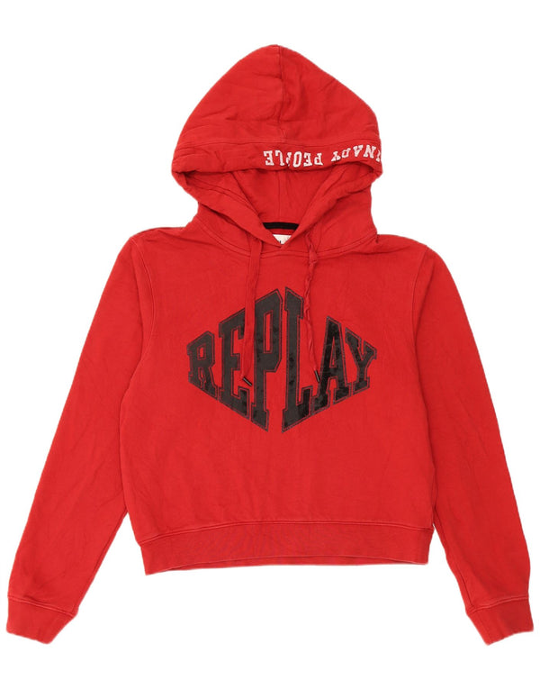 Replay Womens Graphic Crop Hoodie Jumper UK 14 Medium Red Cotton
