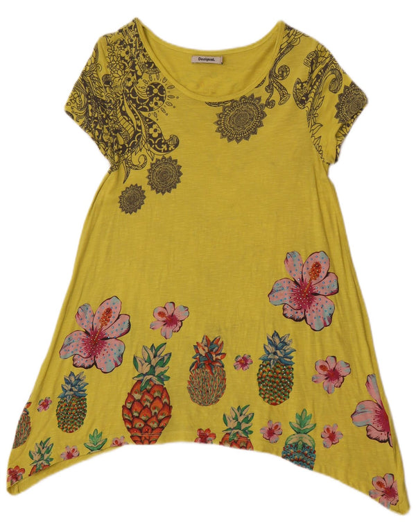 Desigual Womens Graphic Asymmetric Tunic Top UK 8 Small Yellow Floral