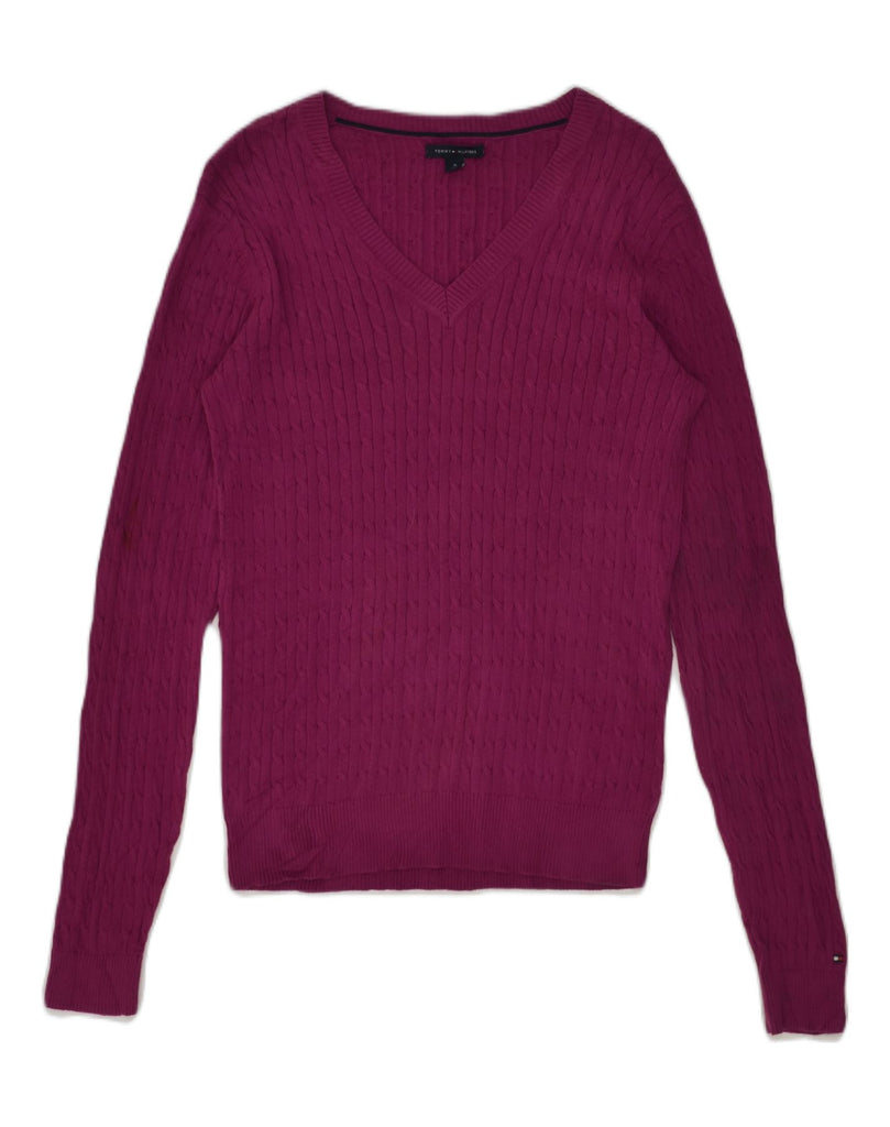 TOMMY HILFIGER Womens V-Neck Jumper Sweater UK 12 Medium Burgundy Cotton | Vintage Tommy Hilfiger | Thrift | Second-Hand Tommy Hilfiger | Used Clothing | Messina Hembry 