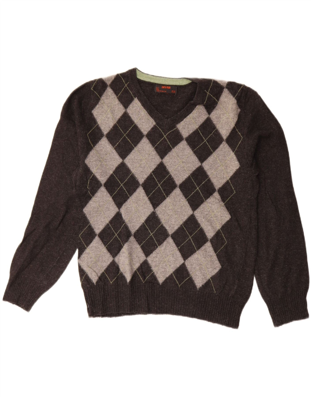 ZARA Mens V-Neck Jumper Sweater Medium Grey Argyle/Diamond Wool