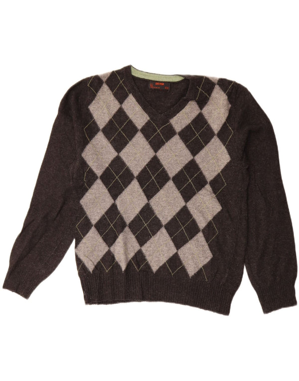 ZARA Mens V-Neck Jumper Sweater Medium Grey Argyle/Diamond Wool