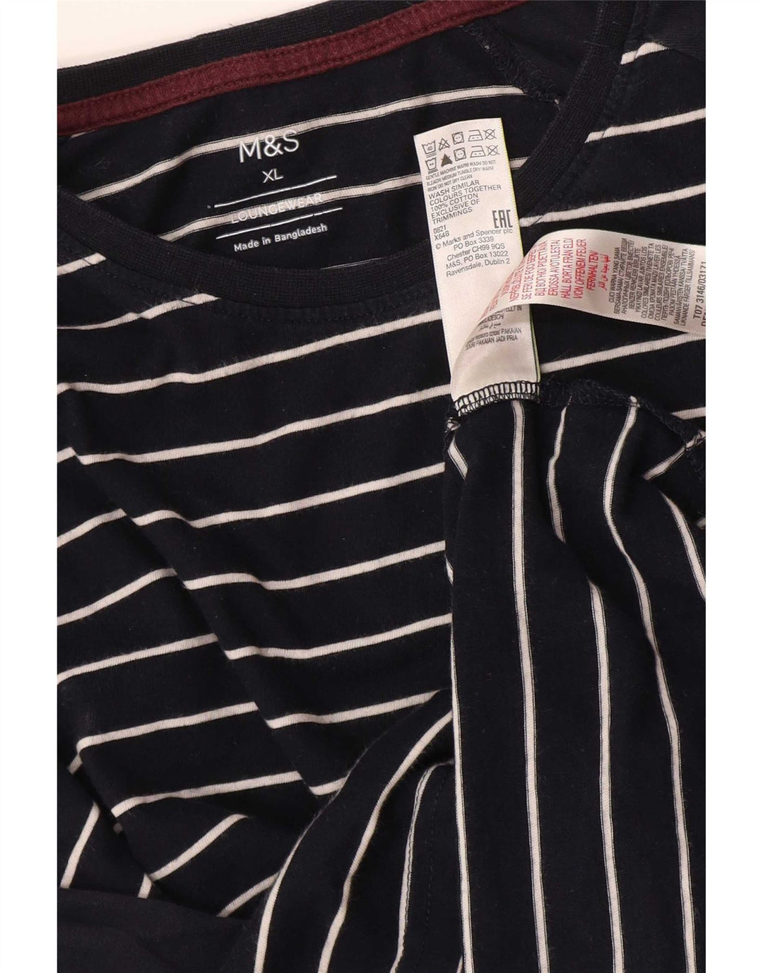 Marks & Spencer Mens Top Long Sleeve XL Navy Blue Striped Cotton
