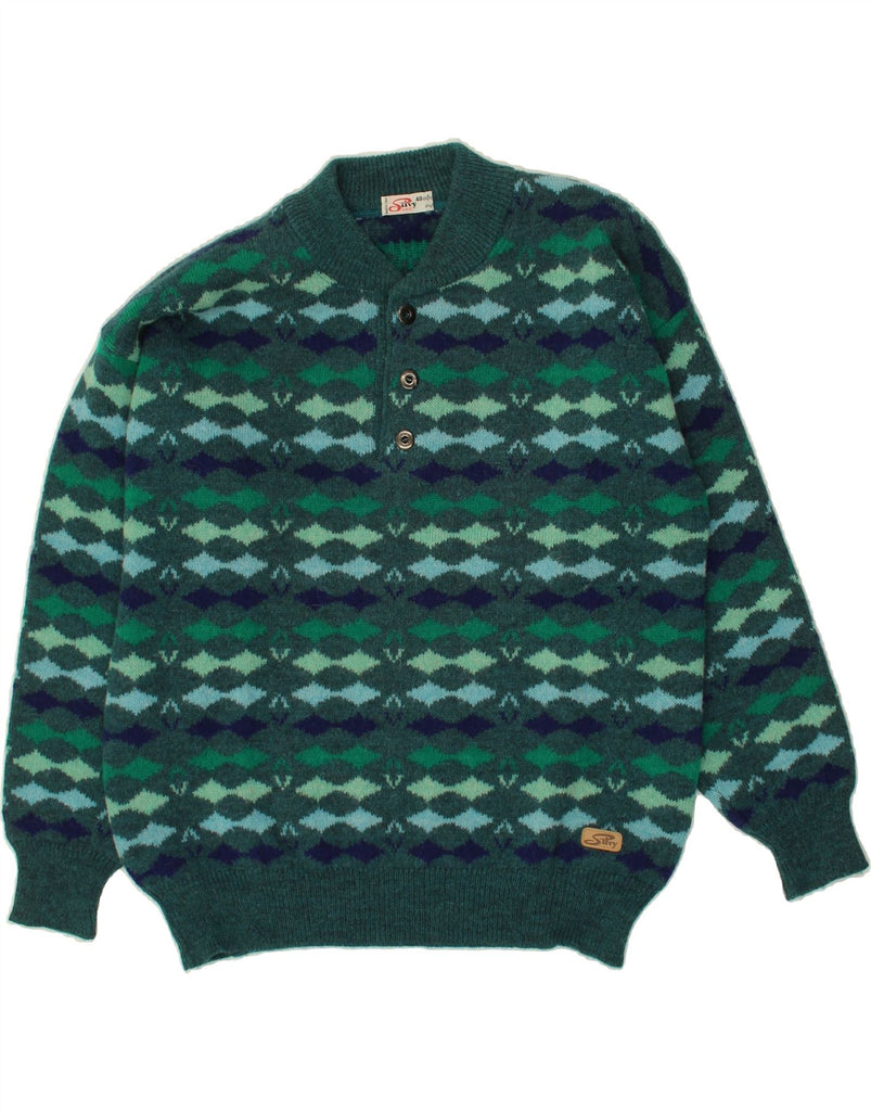 SILVY Mens Turtle Neck Jumper Sweater IT 48 Small Green Fair Isle | Vintage Silvy | Thrift | Second-Hand Silvy | Used Clothing | Messina Hembry 