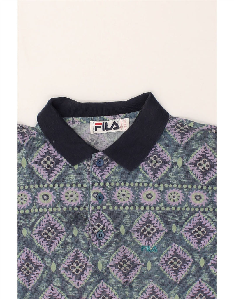 FILA Mens Abstract Pattern Polo Shirt IT 48 Medium Blue Cotton | Vintage Fila | Thrift | Second-Hand Fila | Used Clothing | Messina Hembry 