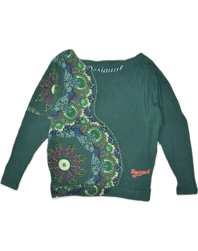 DESIGUAL Womens Graphic Top Long Sleeve UK 10 Small Green Floral | Vintage Desigual | Thrift | Second-Hand Desigual | Used Clothing | Messina Hembry 