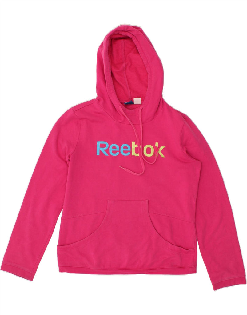 REEBOK Womens Graphic Hoodie Jumper UK 16 Large Pink Cotton Vintage Reebok and Second-Hand Reebok from Messina Hembry 