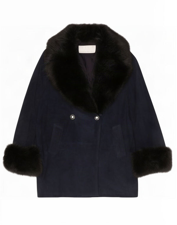 Pancaldi & B Womens Suede Double Breasted Coat UK 18 XL Navy Blue Sheepskin