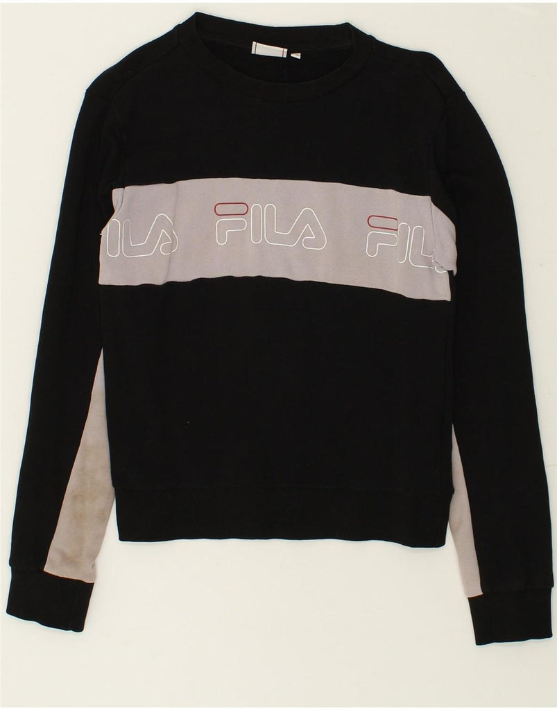 FILA Womens Graphic Sweatshirt Jumper UK 6 XS Black Colourblock Cotton | Vintage Fila | Thrift | Second-Hand Fila | Used Clothing | Messina Hembry 