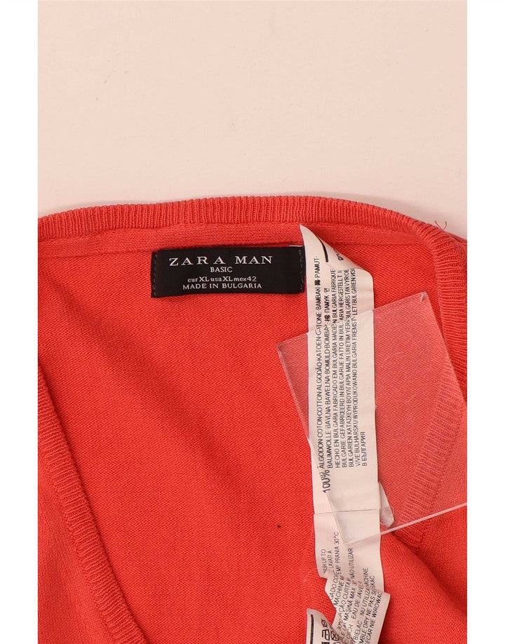 Zara Mens V-Neck Jumper Sweater XL Red Cotton