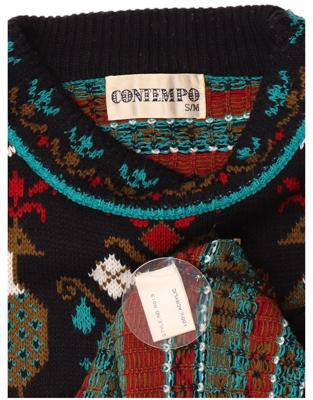 Contempo Mens Abstract Pattern Crew Neck Jumper Sweater Small Black Novelty
