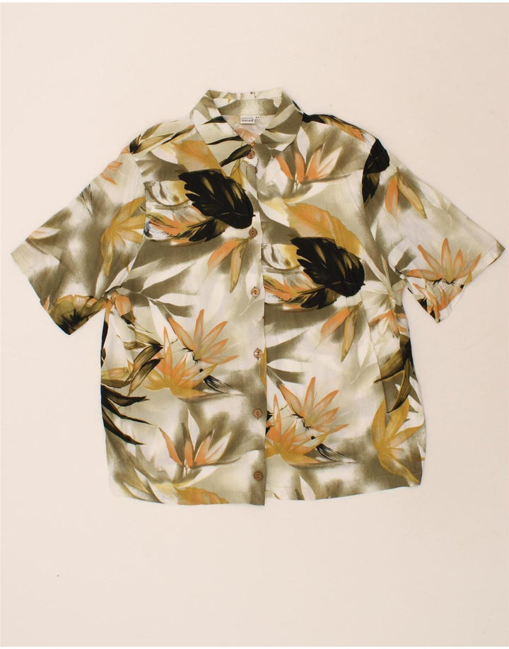 VINTAGE Womens Short Sleeve Shirt IT 44 Medium Khaki Floral Viscose Vintage Vintage and Second-Hand Vintage from Messina Hembry 