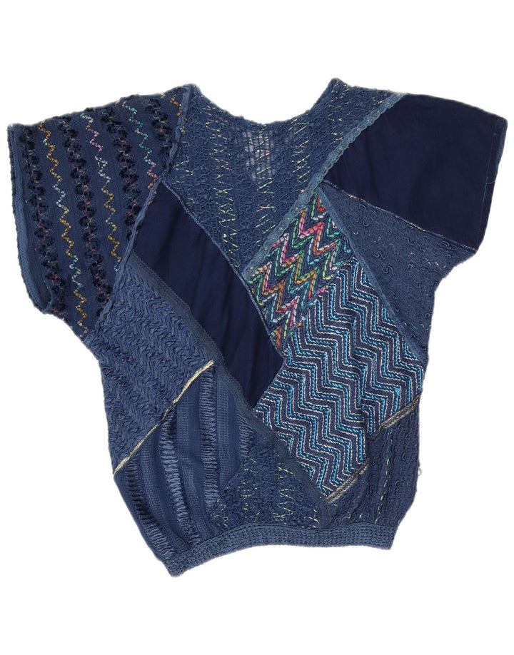 Vintage Womens Blouse Top UK 16 Large Navy Blue Patchwork