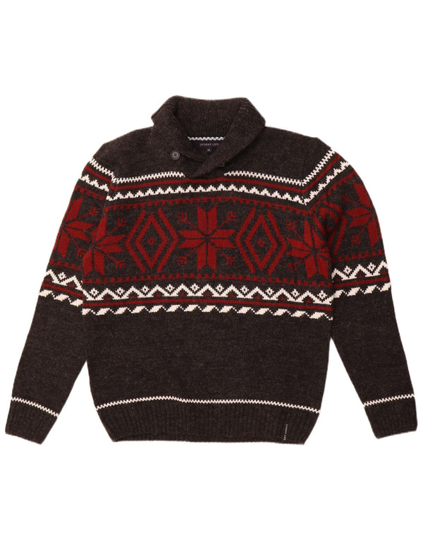 Vintage Mens Shawl Neck Jumper Sweater Medium Grey Fair Isle