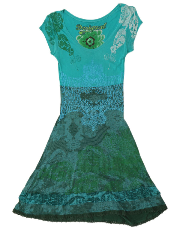 Desigual Womens Graphic A-Line Dress UK 8 Small Green Floral Viscose