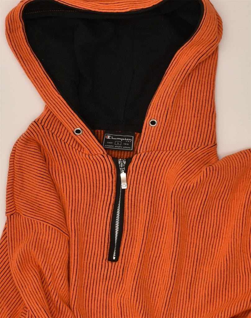 CHAMPION Womens Zip Neck Hoodie Jumper UK 16 Large Orange Striped Cotton | Vintage Champion | Thrift | Second-Hand Champion | Used Clothing | Messina Hembry 